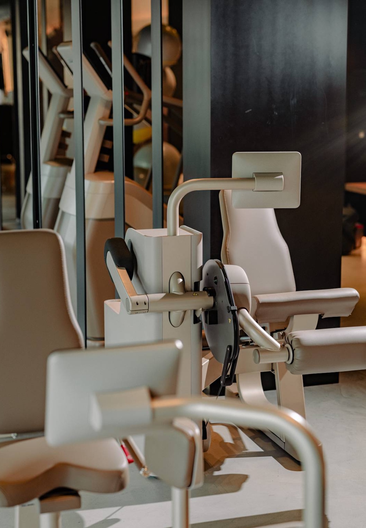 Technogym strength machines on the 300 m² waldSPA Fitness floor at Naturhotel Forsthofgut, the 24-hour gym at Europe's first forest spa in Leogang, Austria | The Aficionados.