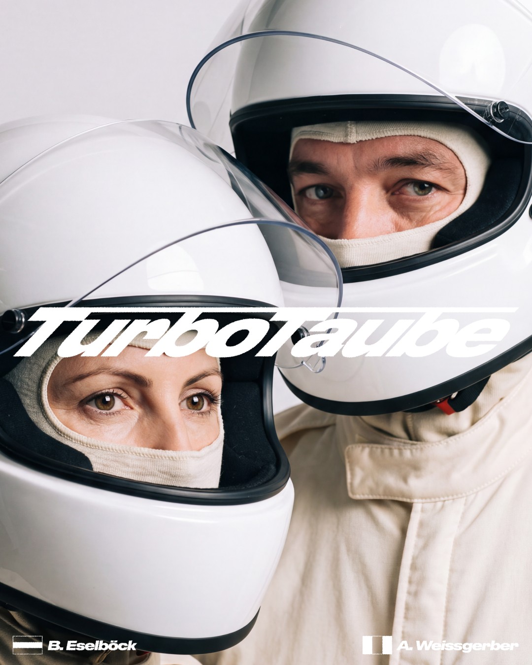 Barbara Eselböck and Alain Weissgerber Proprietors of the legendary Taubenkobel Austria | in white racing helmets and balaclavas behind the TurboTaube logo, Taubenkobel pop-up campaign | The Aficionados